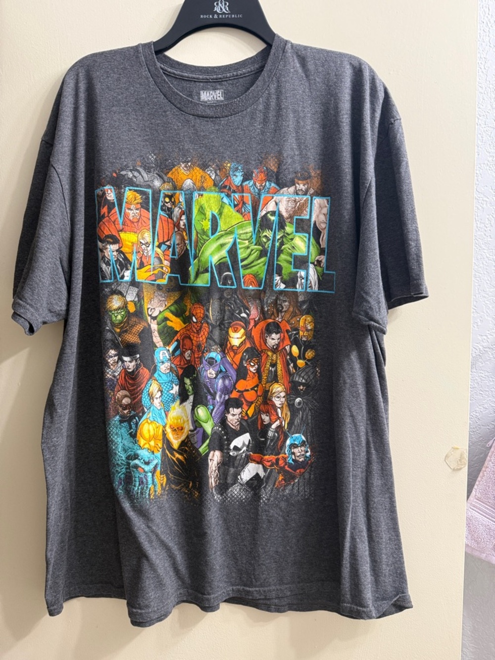 Marvel Grey Graphic Tee with Multicolor Superhero Collage